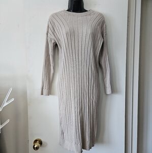 Saks Fifth Avenue Elegant Beige Ribbed Sweater Dress